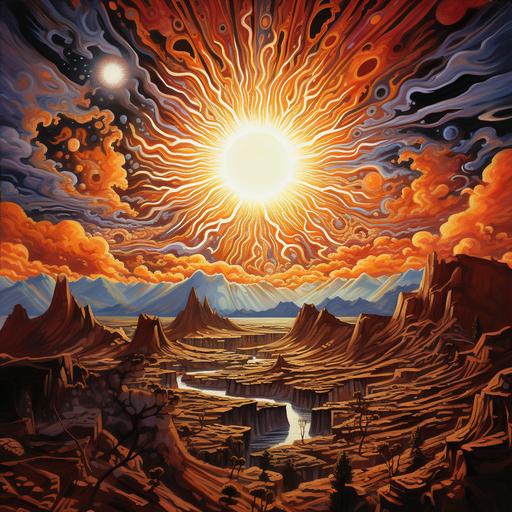sun explosion seen from earth science-fiction drawing mexican art style