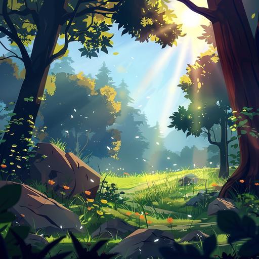 sun shining brightly overhead in the forest, cartoon, 4k