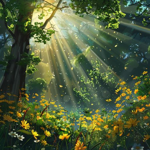 sun shining brightly overhead in the forest, cartoon, 4k