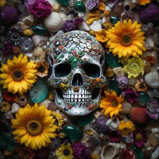 sunflower guerrilla garden made completely of gemstones, hidden skulls, hidden darkness. close up poster art high quality. colour expolsion --v 5 --ar 1:1