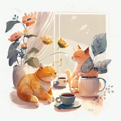 sunny cozy spring days with super cute lazy cats, flower and tea, without work, clean style