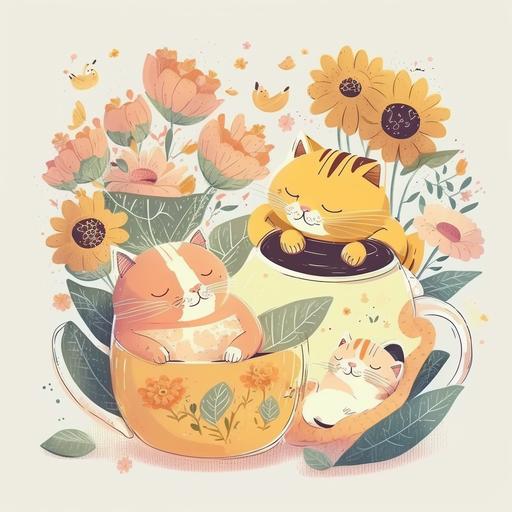 sunny cozy spring days with super cute lazy cats, flower and tea, without work, clean style