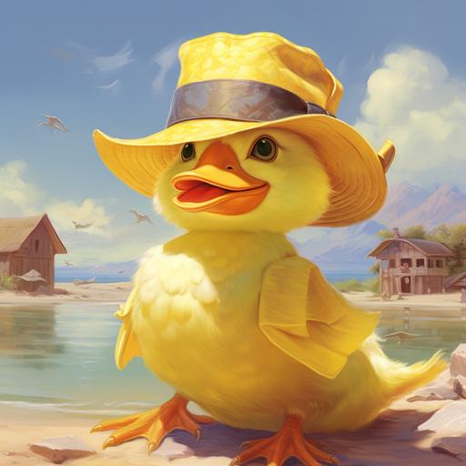 sunny day, beautiful beach a flying yellow duck with british hat on