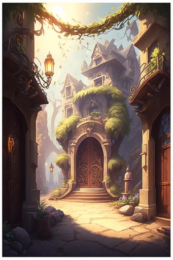 sunny elven town around the citadel with wooden doors , illustration, poster --ar 2:3 --v 4