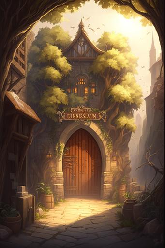 sunny elven town around the citadel with wooden doors , illustration, poster --ar 2:3 --v 4