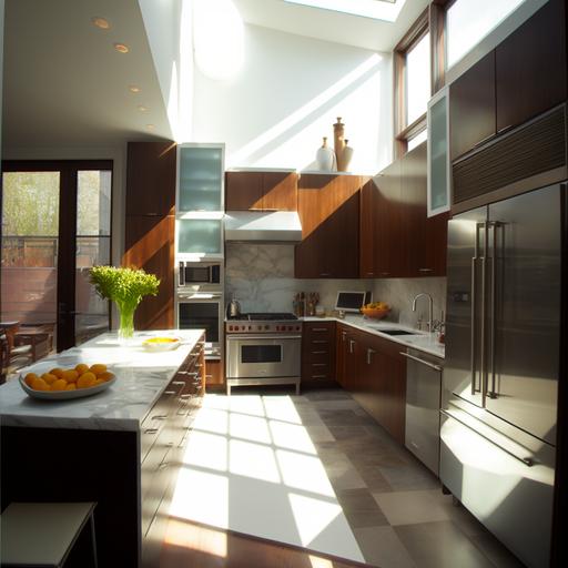 sunny warm morning light after rain, futuristic open space large multi levels ultimate chef's kitchen, solar watch, ultra modern, stainless steel and cherry wood interior, white and brown veined quartzite countertops, drinks, very clean, metro tiles, large windows with home made herb garden, light modern kitchen, dark lower cabinets, volumetric light shimmering, viking appliances, slatted walnut, gorgeous cabinets, white clean, windows look out into the woods, cookbooks, herman miller slatted wood bench, style of Sandu Baciu, photography award, cover magazine, happy environment --q 2