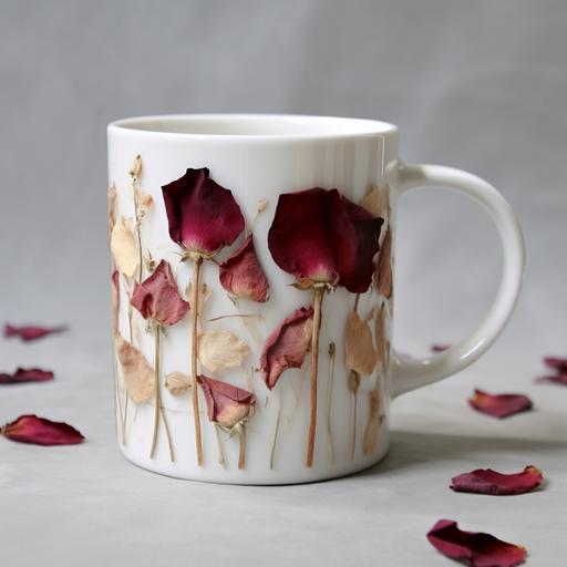 pressed rose flowers on a white coffee mug