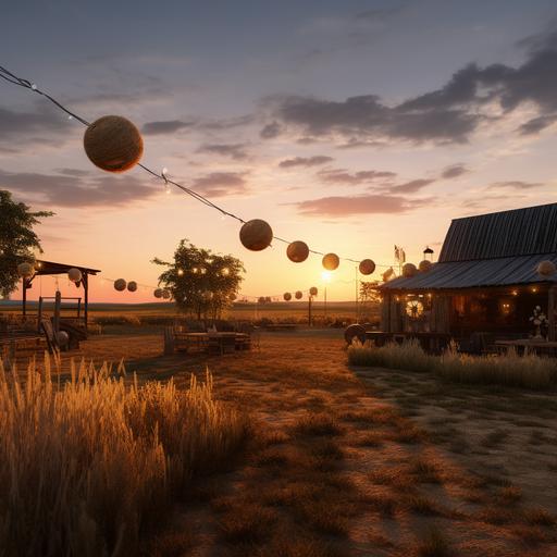 sunset country style place with hay balls and light strings and a live concert