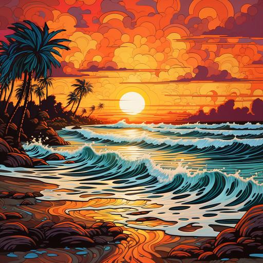 sunset on the beach in malibu california :: calm waves :: vaporwave style :: rocks in the water :: duotone orange and navy blue :: some clouds covering the sun :: palm trees in the distance :: 2 dimensional :: 1960s surf poster