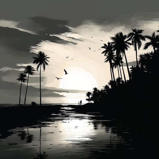 sunset on the beach of florida, palm trees, bird sillouttes, black and white, style of graphic novel