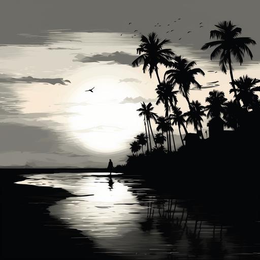 sunset on the beach of florida, palm trees, bird sillouttes, black and white, style of graphic novel