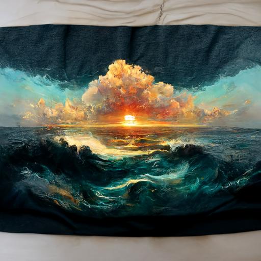 sunset over rough ocean with big waves, split view underwater, rays of light, medium cloud cover, tshirt design, realistic digital painting