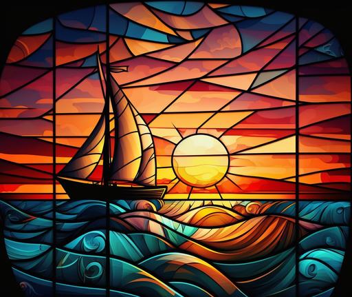 sunset stained glass background, sailboat, waves, reflections, 8k, vibrant --ar 37:32