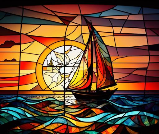 sunset stained glass background, sailboat, waves, reflections, 8k, vibrant --ar 37:32