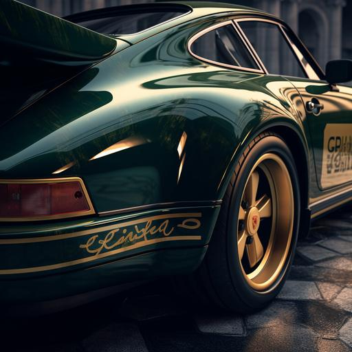 super crop, vintage Porsche 911 gt2 turbo in style hyper detailed realistic renderings monochrome masterpieces metallic deep green and gold accents, closeup on logo over car hood, seamless Porsche logo, no distortions --v 5