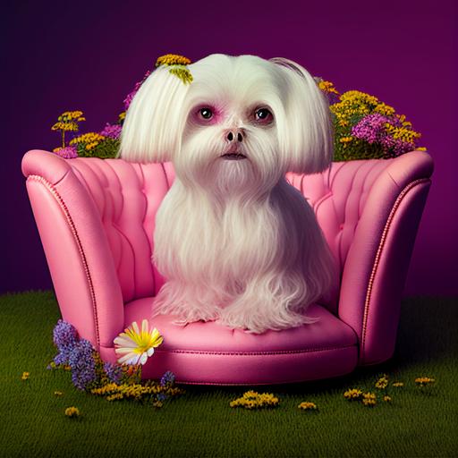 super cute and fluffy female maltese dog with bob hair style, short face and body hair wearing a pink hair bow. sitting on a pink and yellow velvet couch with flowers all around. grass. 8k, highly detailed, diffrent poses. photorealistic hyper. - 3:2
