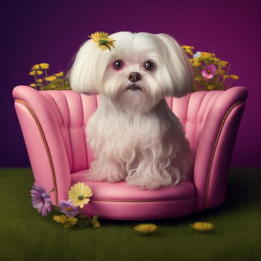 super cute and fluffy female maltese dog with bob hair style, short face and body hair wearing a pink hair bow. sitting on a pink and yellow velvet couch with flowers all around. grass. 8k, highly detailed, diffrent poses. photorealistic hyper. - 3:2