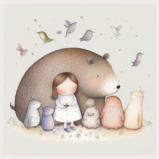 super cute [animal] [activity], nursery art, Kids bedroom art, sweet smiling, artistic and delicate children book illustration, minimalistic illustration, fairytale, hand drawn doodle, pastel painting, ultra wide angle, by Amanda Clark, white background --v 4