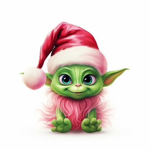 super cute baby green grinch wearing a pink santa hat, with white background