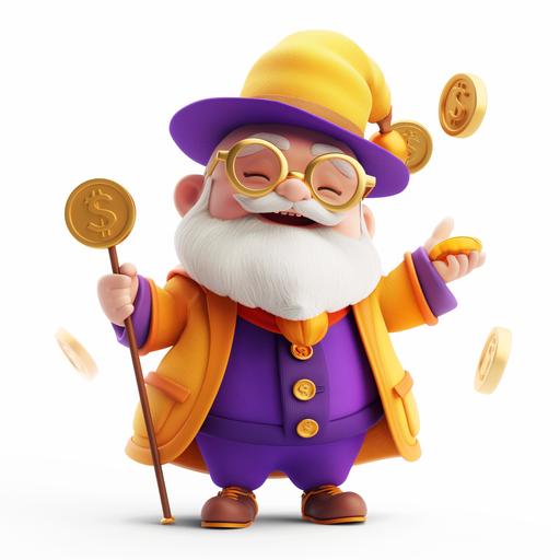super cute grandfather with a white beard, well-dressed, purple, orange, yellow colors. holding a walking stick and wearing a tall hat. super cute, super happy, white background, Gold coins dropped from the sky cute, blind box, 3D, fine gloss, clean background, 3D rendering, OC rendering, high-quality, exquisite - ar 16:9- niji 5-style expression --v 6.0