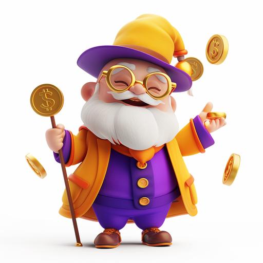 super cute grandfather with a white beard, well-dressed, purple, orange, yellow colors. holding a walking stick and wearing a tall hat. super cute, super happy, white background, Gold coins dropped from the sky cute, blind box, 3D, fine gloss, clean background, 3D rendering, OC rendering, high-quality, exquisite - ar 16:9- niji 5-style expression --v 6.0