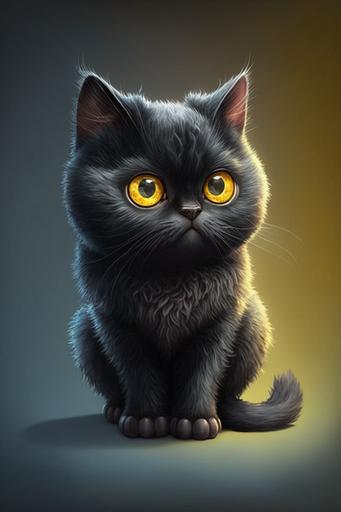 super cute little black american shorthair cat, rendered in the style of pixar cartoon, full body, shiny and fluffy, bright big yellow eyes, energetic and playful, Fairytale, incredibly high detail, bright colors, natural light, solid color background, octane rendering, very popular at art stations, ultra wide angle --v 4 --ar 2:3