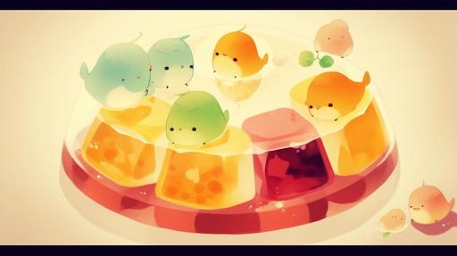 super cute picture, a ziggurat of multi-colored jelly on a plate, cute little jelly animals happily play around, joyful colors, cuteness, joy, HD --ar 16:9 --niji 5 --uplight --style cute --s 750