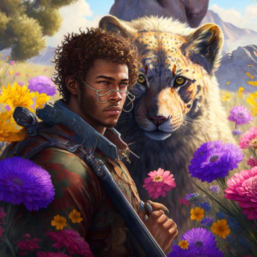 super detailed 4k depiction of an ancient brown skinned naturally curly haired hunter in giant colorful meadow filled with diverse flowers and shurbs surrounded by attacking thylacoleo. 4k ultra realistic.
