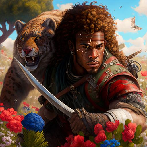 super detailed 4k depiction of an ancient brown skinned naturally curly haired hunter in giant colorful meadow filled with diverse flowers and shurbs surrounded by attacking thylacoleo. 4k ultra realistic.