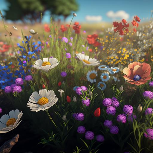 super detailed depiction of colorful meadow filled with diverse flowers and shurbs. 4k ultra realistic.