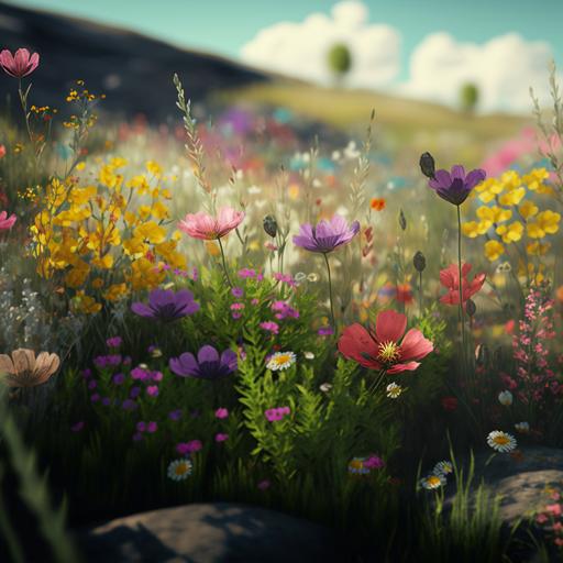 super detailed depiction of colorful meadow filled with diverse flowers and shurbs. 4k ultra realistic.