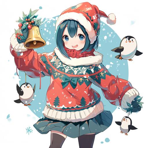 super fat cute penguin-girl anime style ugly sweater bell ringing , fat obese anthro-penguin-girl --v 6.0