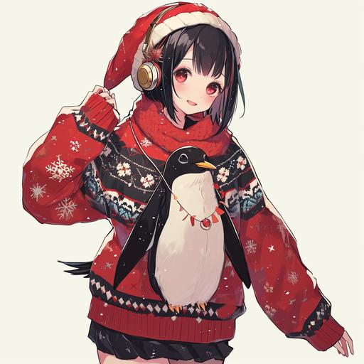 super fat cute penguin-girl anime style ugly sweater bell ringing , fat obese anthro-penguin-girl --v 6.0