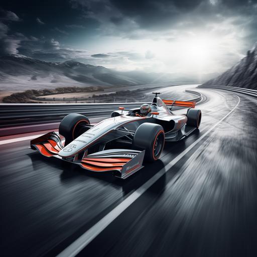 super futuristic f1 car on race track with others in very steep angle bank turn, photoreal