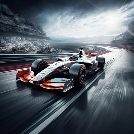 super futuristic f1 car on race track with others in very steep angle bank turn, photoreal