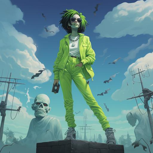 super geeky female beetlejuice character in a neon green suit, standing in a graveyard with a puffy cloud sky with a detailed face, full body, clean, with futuristic sneakerds on, minimalist with art like Simon Stålenhag in high end street wear