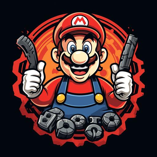 super mario brother mario auto mechanic smiling holding wrenches logo with tires in background