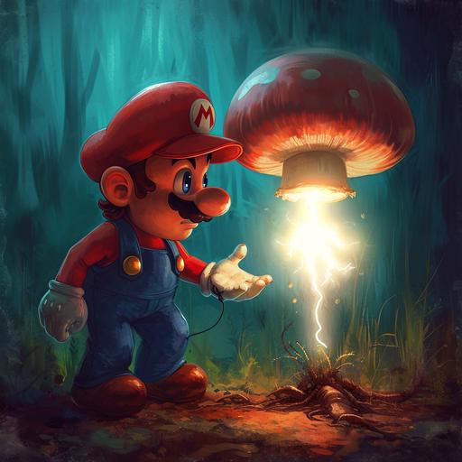 super mario electricty metal detector scan photonegative refractograph style finding a big mushroom in his pants pocket --v 6.0 --style raw