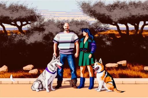 , super nintendo, high quality, bright color, the dogs are siberian huskies, clean pixel art, style of final fantasy 1996 --ar 3:2 --v 4