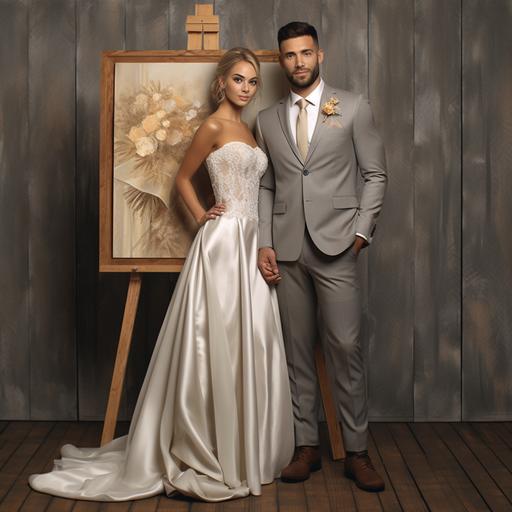 super realistic image of a bride and groom standing beside a wooden easel sign at their wedding
