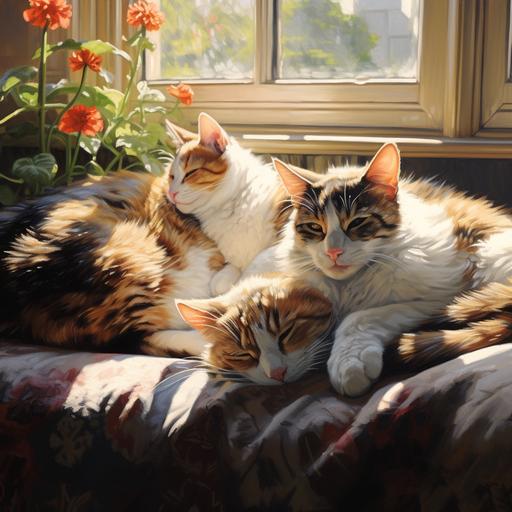 super realistic natural colors three calico cats sleeping on couch sunlight streaming through windows