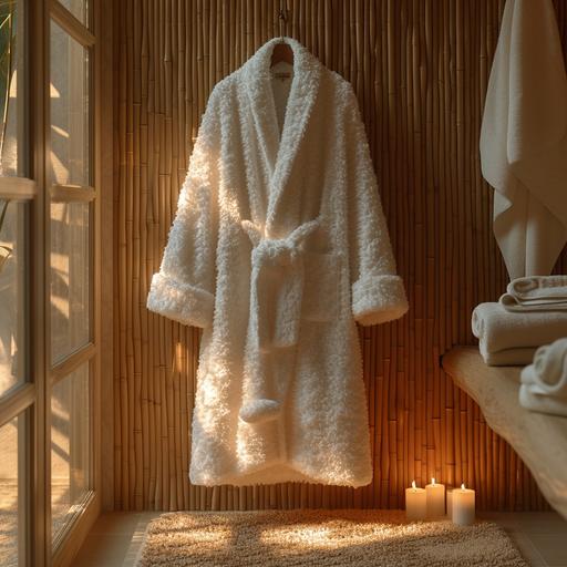 super realistic photo of a fluffy white spa robe hanging against a bamboo wall in a warm candle-lit room --v 6.0 --s 750