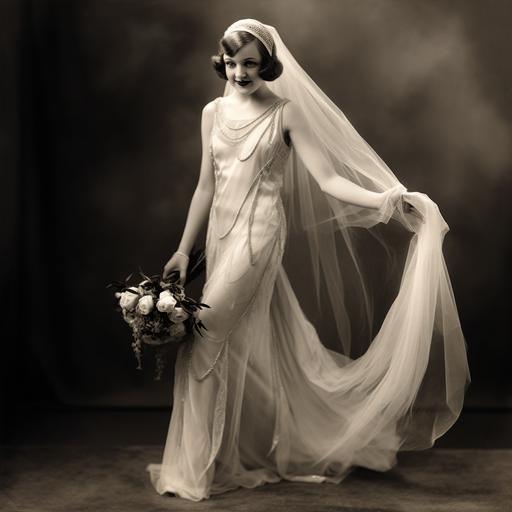 super realistic photographic style happy 1920s bride with veil and carrying flowers black and white full length shoes included