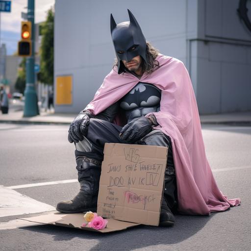super realistic, pink silk batman, homeless, cardboard sign asking for food and shelter