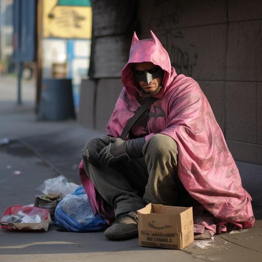 super realistic, pink silk batman, homeless, cardboard sign asking for food and shelter