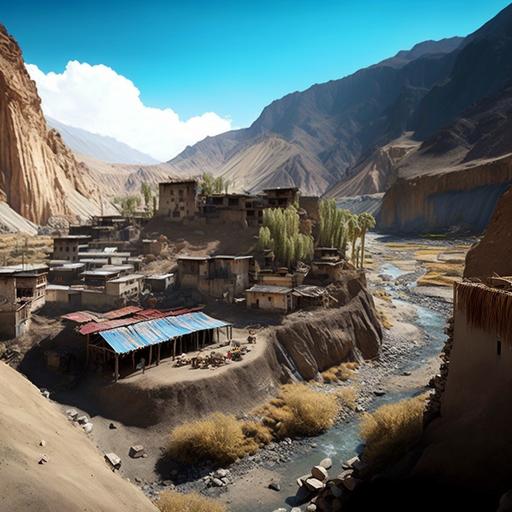 super realistic tibetian village in the desert himalya in Nepal. The village is on left side of a valley with dried river.