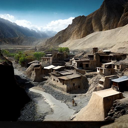 super realistic tibetian village in the desert himalya in Nepal. The village is on left side of a valley with dried river.
