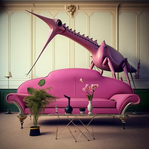 super tall long leg alien dinosaur on a classic pink couch, palace modern retro decor, , velvet pink, clock, violin huge, umbrella flowers and orchids, photography by Maurice Tabard, Giovanni Bragolin , Dali and Dariusz Klimczak surrealism , 8K,hd --v 4