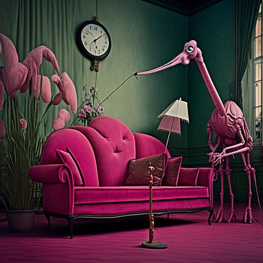 super tall long leg alien dinosaur on a classic pink couch, palace modern retro decor, , velvet pink, clock, violin huge, umbrella flowers and orchids, photography by Maurice Tabard, Giovanni Bragolin , Dali and Dariusz Klimczak surrealism , 8K,hd --v 4