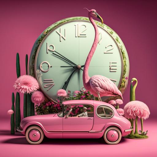 super tall long leg dinosaur flamingo on a classic pink sports car italy, velvet pink bubble balloon, clock, violin huge, and white umbrella flowers and orchids, photography by Maurice Tabard, Giovanni Bragolin , Dali and Dariusz Klimczak surrealism , 8K, HD --v 4
